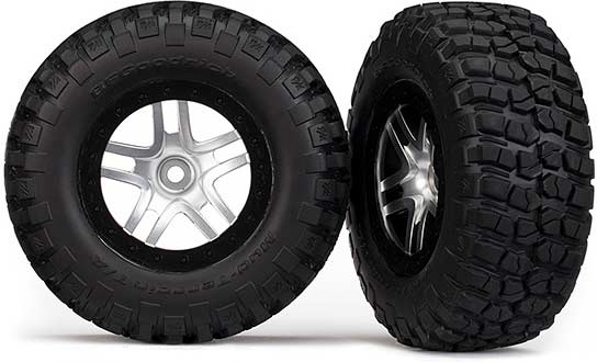 Tires & wheels, assembled, glued (SCT Split-Spoke, satin chrome, black beadlock wheels, BFGoodrich Mud-Terrainル T/A KM2 tires, foam inserts) (2) (2WD front)